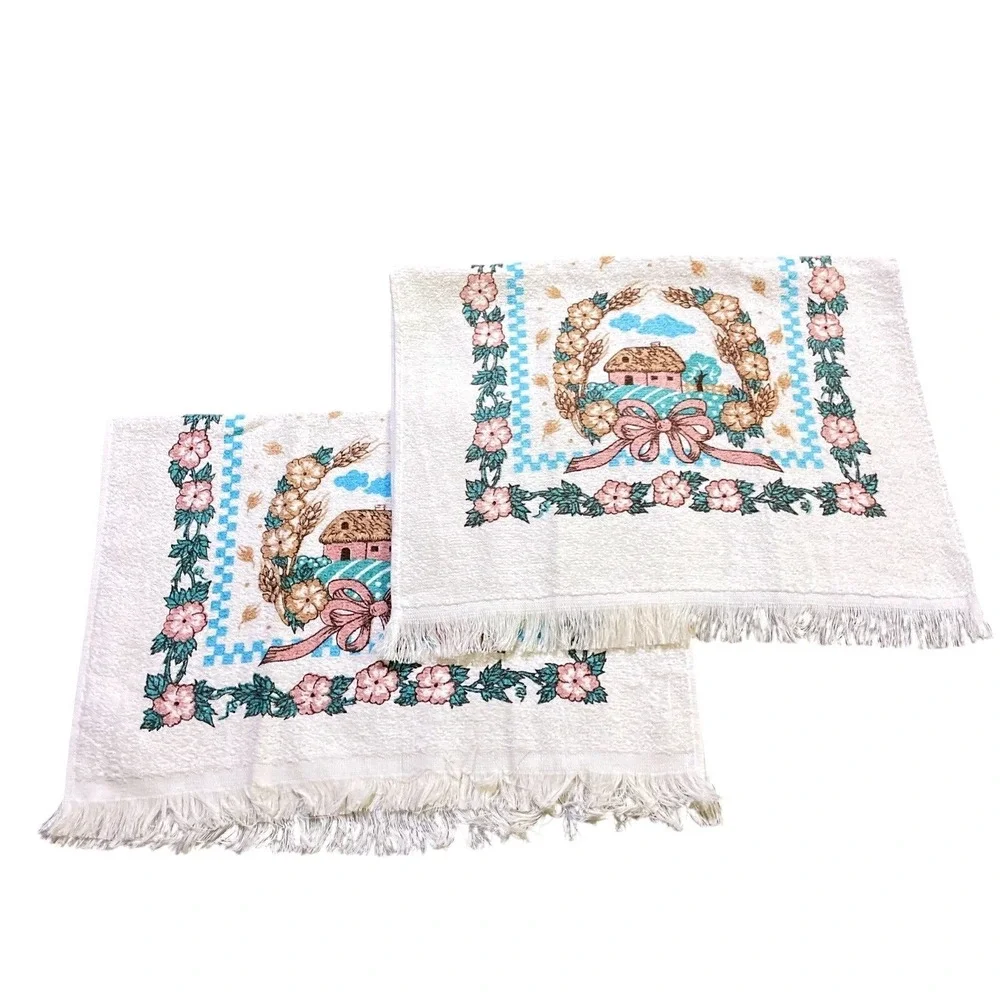 VTG CANNON Hand Kitchen Towel Fringe 70s NOS Farmhouse Barn Flower Bow Wheat‎